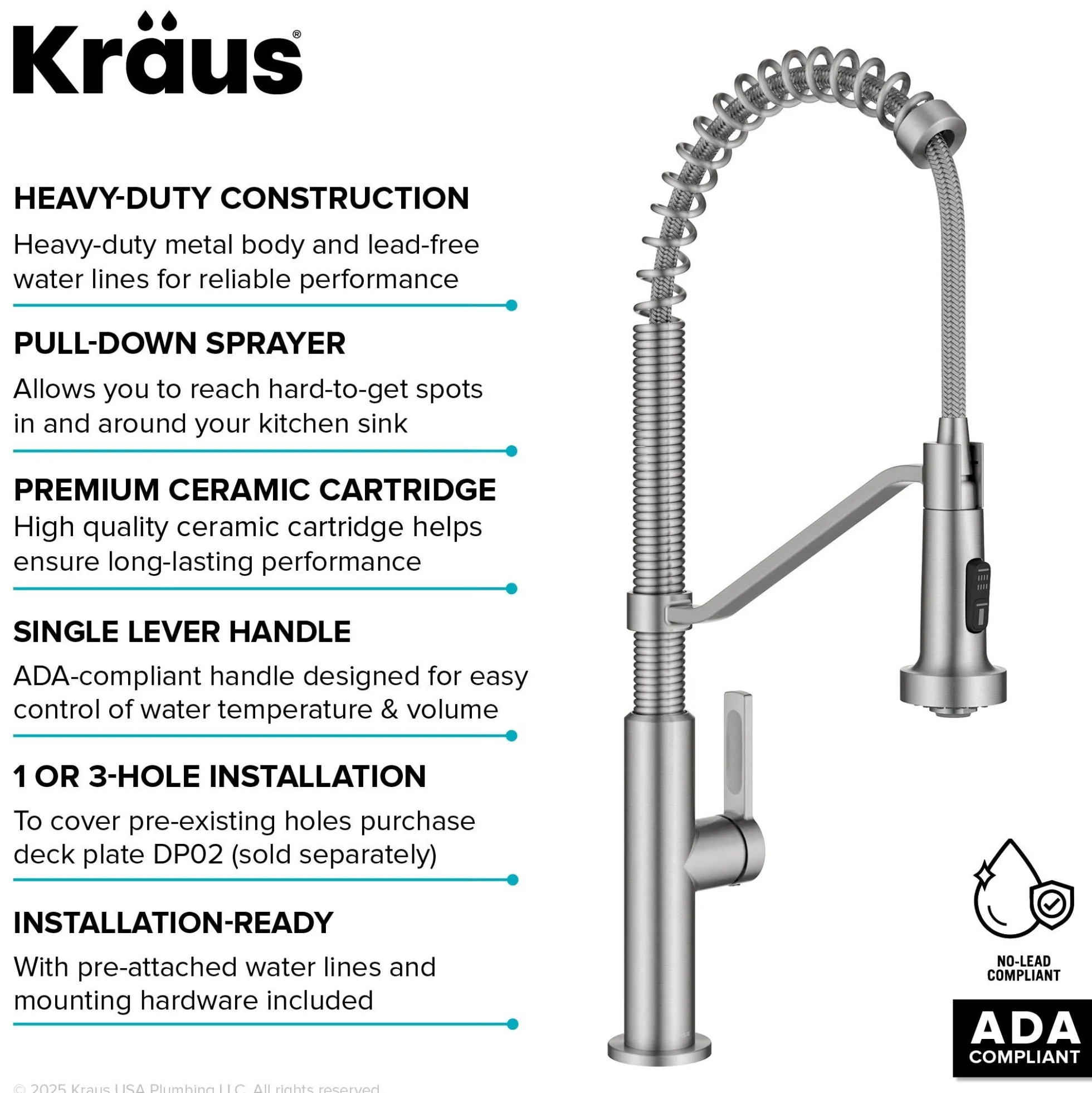 Commercial Style 2-Function Single Handle Pull Down Kitchen Faucet in Spot-Free Stainless Steel