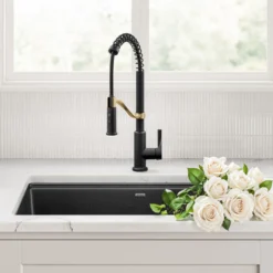 Commercial Style 2-Function Single Handle Pull Down Kitchen Faucet in Spot-Free Brushed Brass / Matte Black