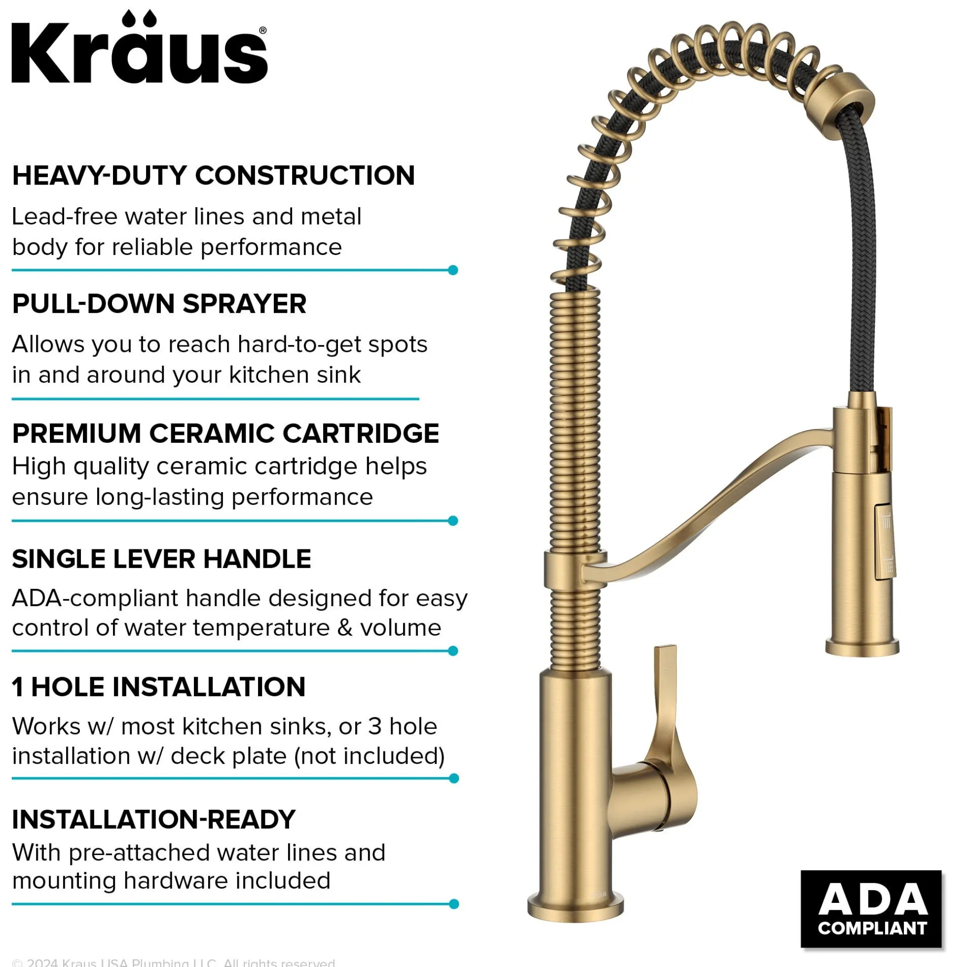 Commercial Style 2-Function Single Handle Pull Down Kitchen Faucet in Spot-Free Brushed Brass