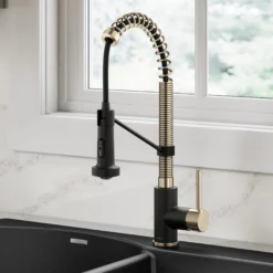 Commercial Style 2-Function Single Handle Pull Down Kitchen Faucet in Spot-Free Antique Champagne Bronze / Matte Black