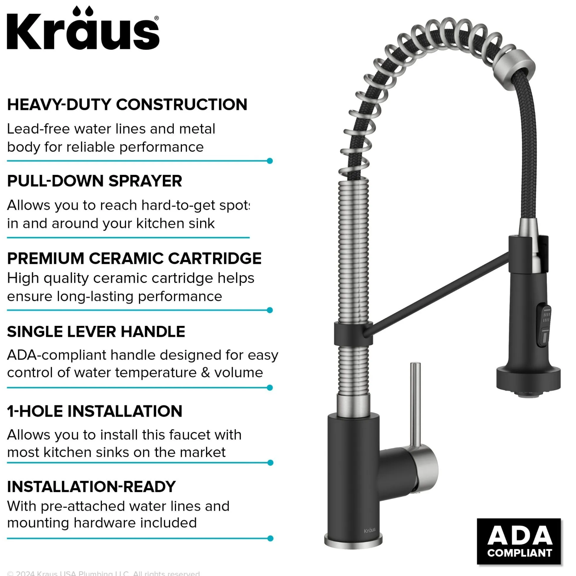 Commercial Style 2-Function Single Handle Pull Down Kitchen Faucet in Spot-Free Stainless Steel / Matte Black