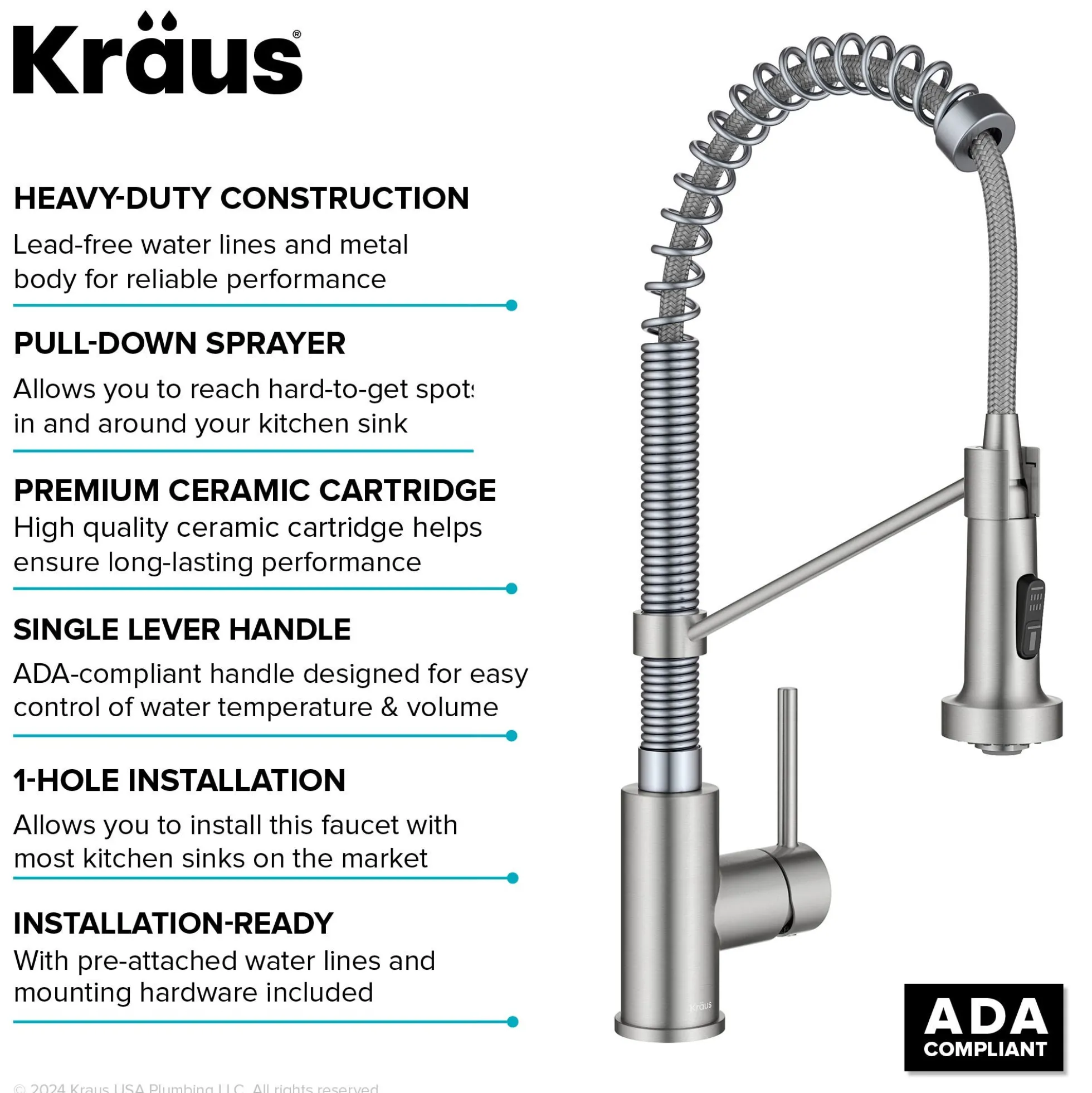 Commercial Style 2-Function Single Handle Pull Down Kitchen Faucet in Stainless Steel / Chrome