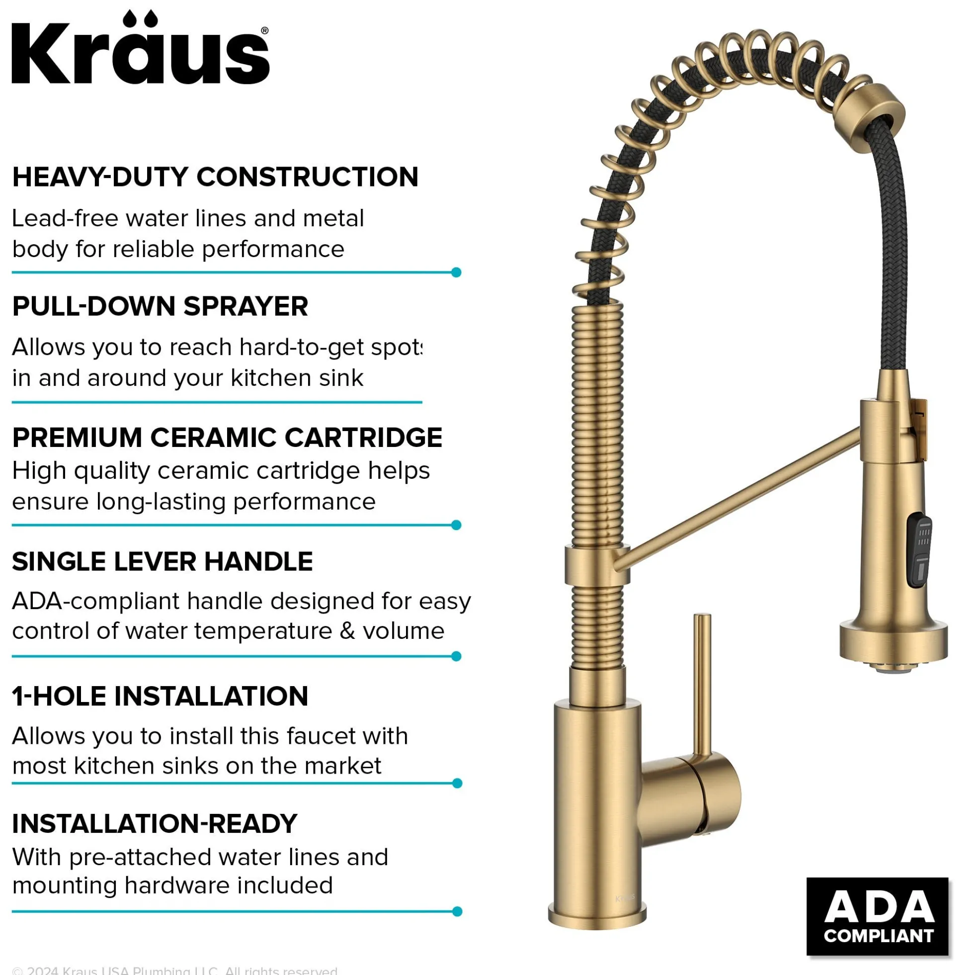 Commercial Style 2-Function Single Handle Pull Down Kitchen Faucet in Spot-Free Brushed Brass