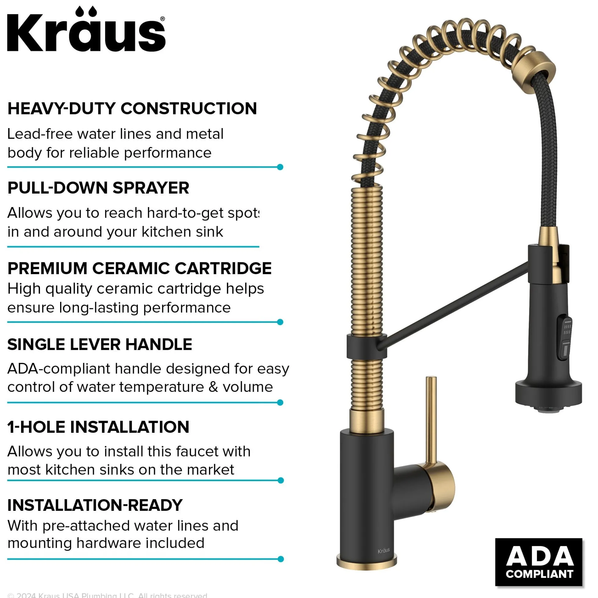 Commercial Style 2-Function Single Handle Pull Down Kitchen Faucet in Brushed Brass / Matte Black
