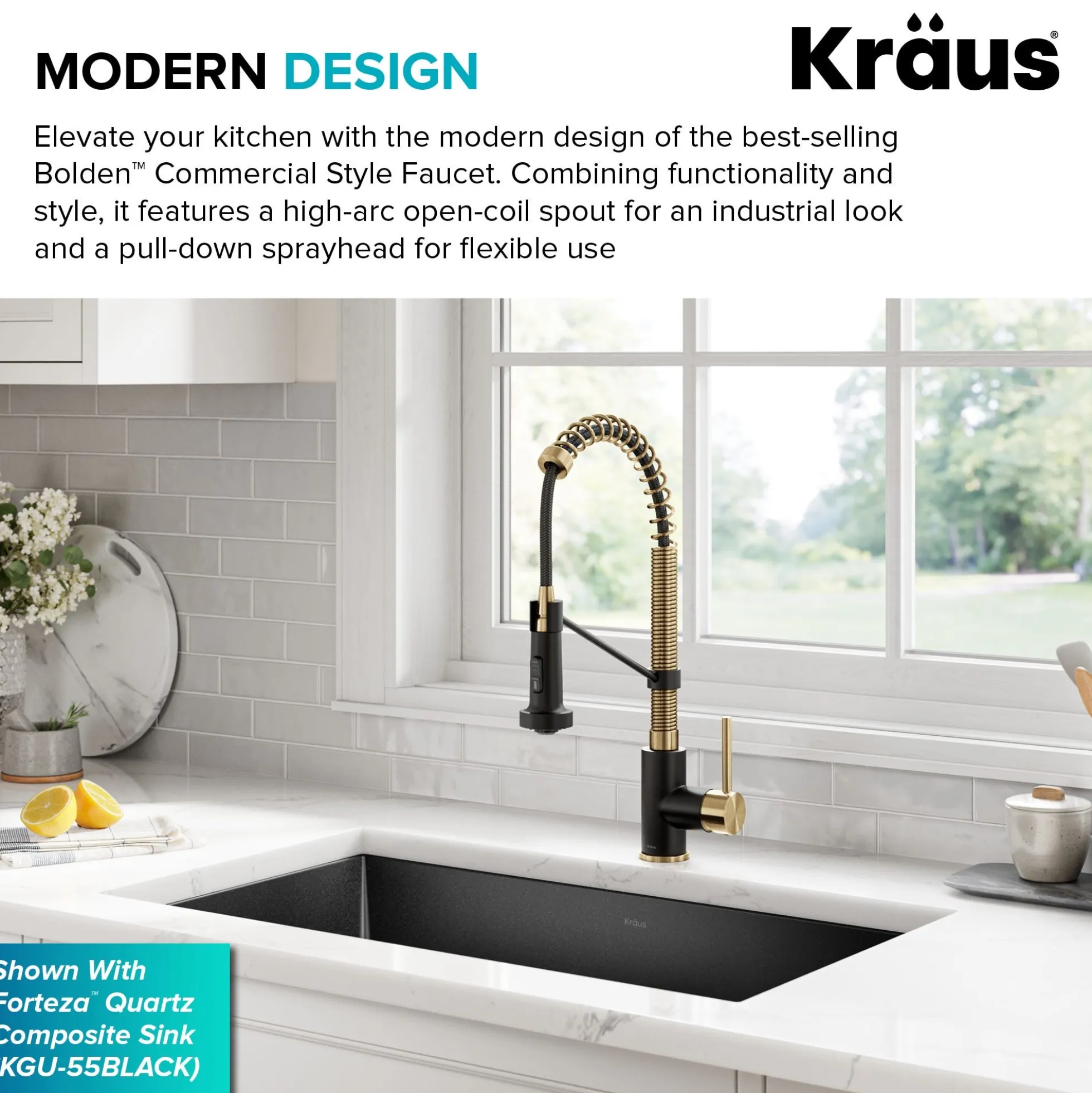Commercial Style 2-Function Single Handle Pull Down Kitchen Faucet in Brushed Brass / Matte Black