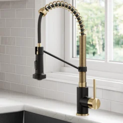 Commercial Style 2-Function Single Handle Pull Down Kitchen Faucet in Brushed Brass / Matte Black
