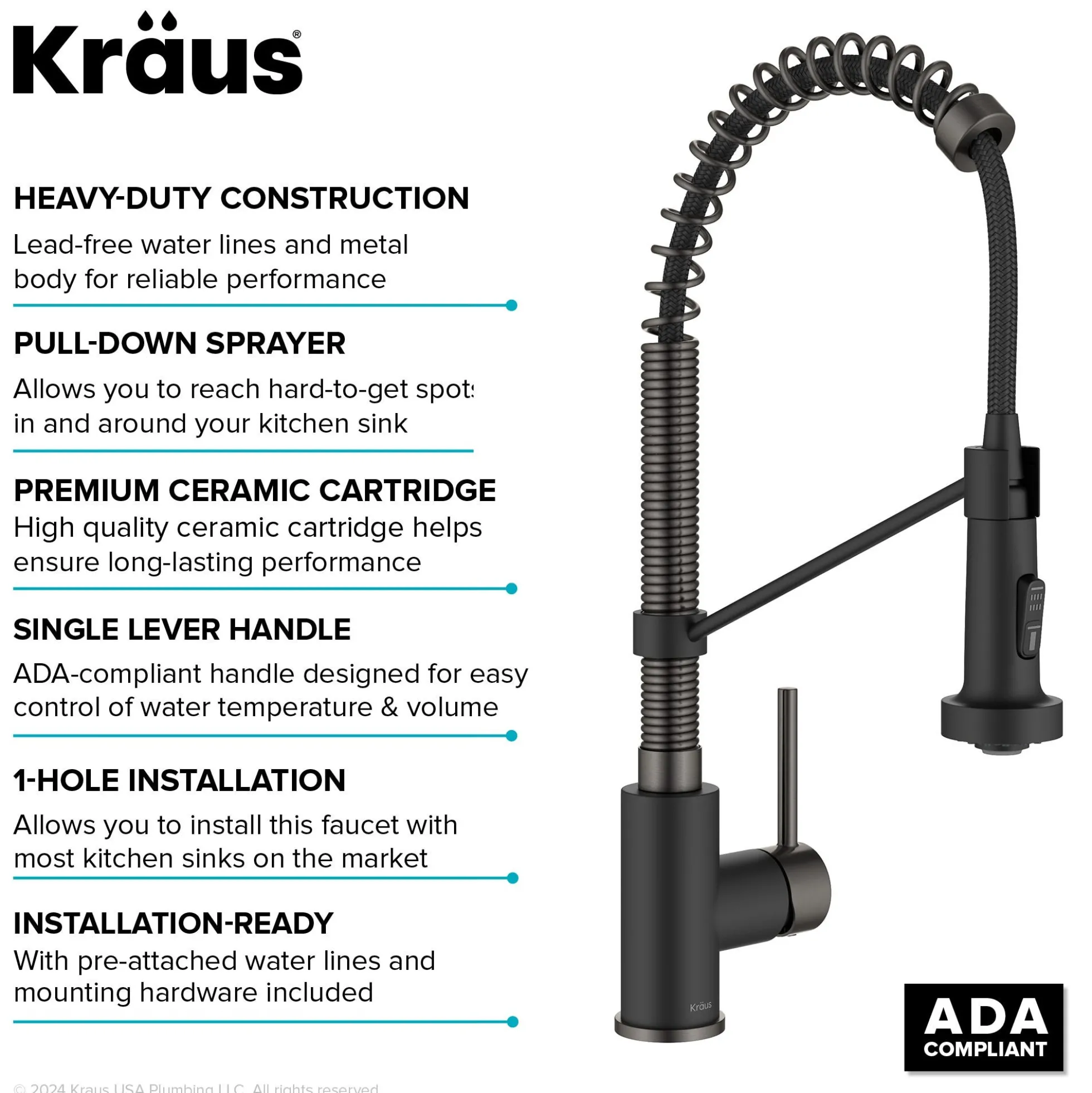 Commercial Style 2-Function Single Handle Pull Down Kitchen Faucet in Matte Black / Black Stainless