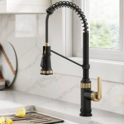 Commercial Style 2-Function Single Handle Pull Down Kitchen Faucet in Spot-Free Brushed Brass / Matte Black