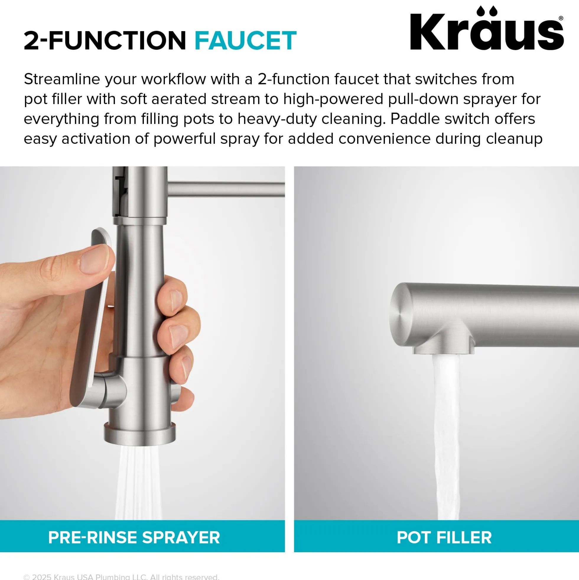Commercial Style 2-Function Single Handle Pull Down Kitchen Faucet with Pot Filler in Spot-Free Brushed Brass / Matte Black