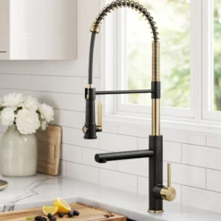 Commercial Style 2-Function Single Handle Pull Down Kitchen Faucet with Pot Filler in Spot-Free Brushed Brass / Matte Black