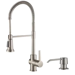 Commercial Style Kitchen Faucet with Deck Plate and Soap Dispenser in all-Brite Spot Free Stainless Steel