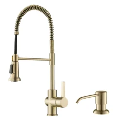 Commercial Style Kitchen Faucet with Deck Plate and Soap Dispenser in Spot Free Antique Champagne Bronze