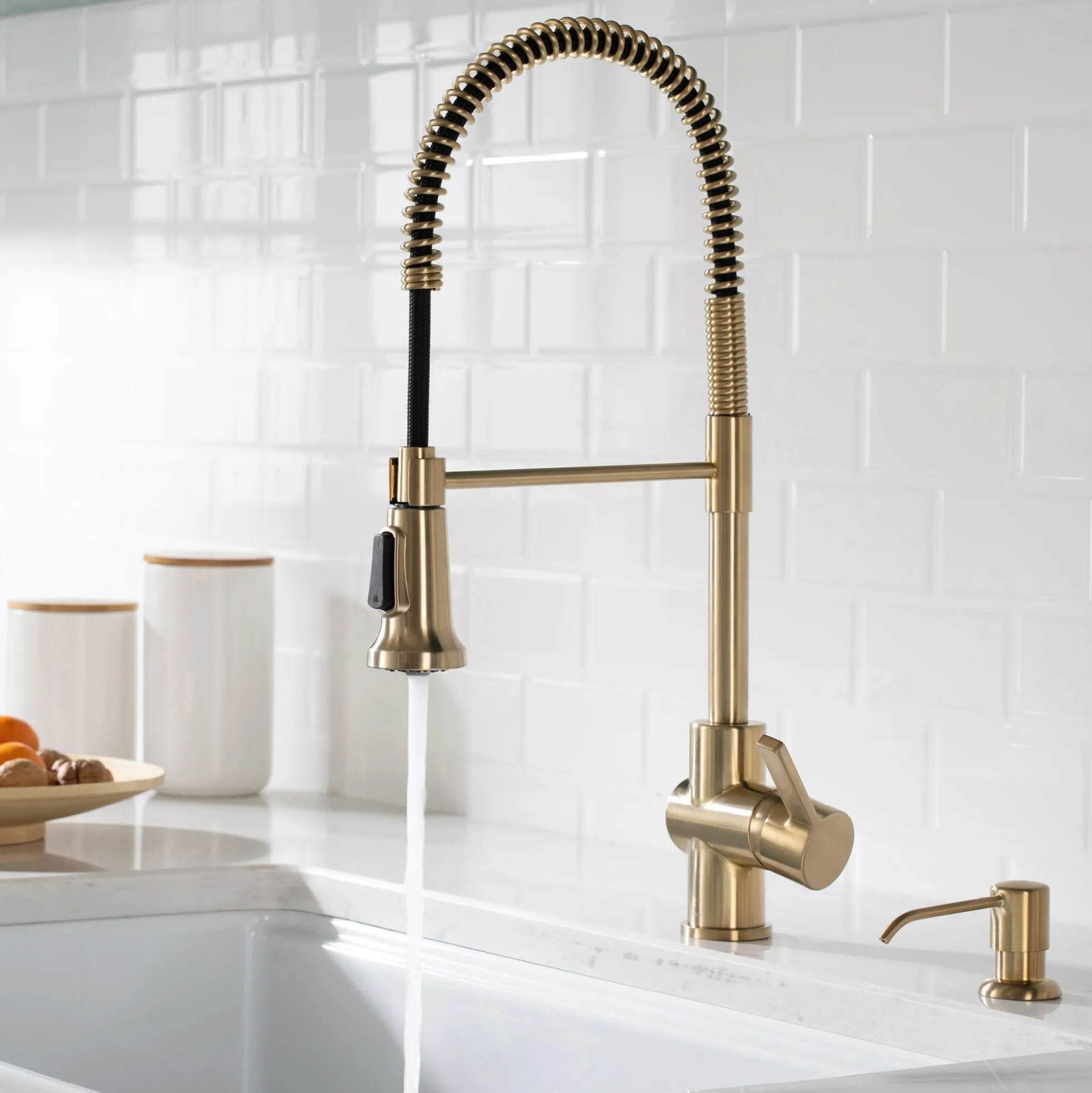 Commercial Style Kitchen Faucet with Deck Plate and Soap Dispenser in Spot Free Antique Champagne Bronze