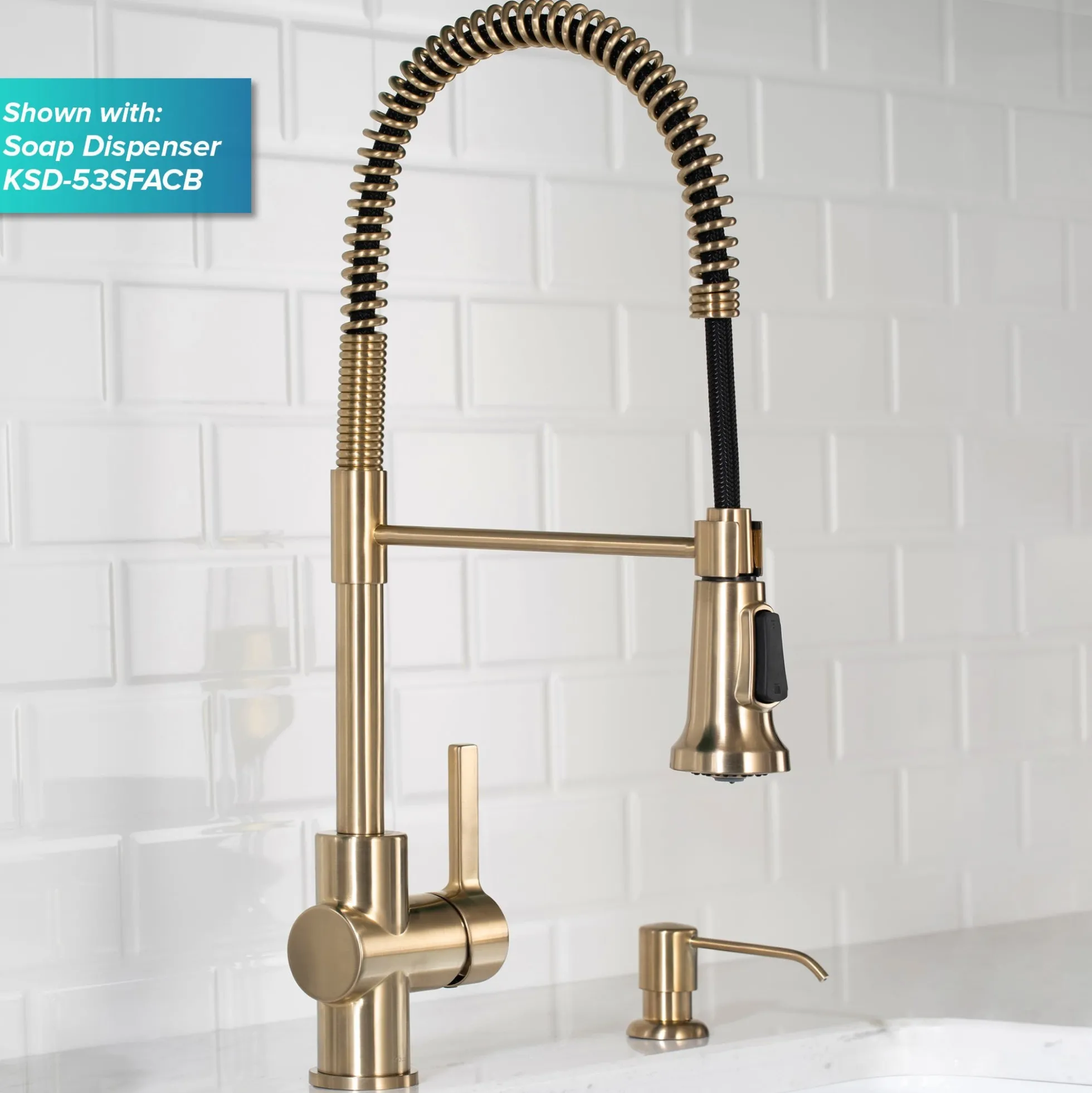 Commercial Style Kitchen Faucet with Deck Plate and Soap Dispenser in Spot Free Antique Champagne Bronze