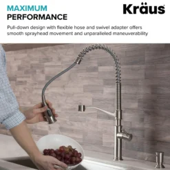 Commercial Style Pull-Down Kitchen Faucet with Deck Plate and Soap Dispenser in Spot Free Stainless Steel