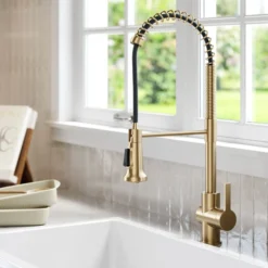 Commercial Style Pull-Down Single Handle Kitchen Faucet in Spot Free Antique Champagne Bronze