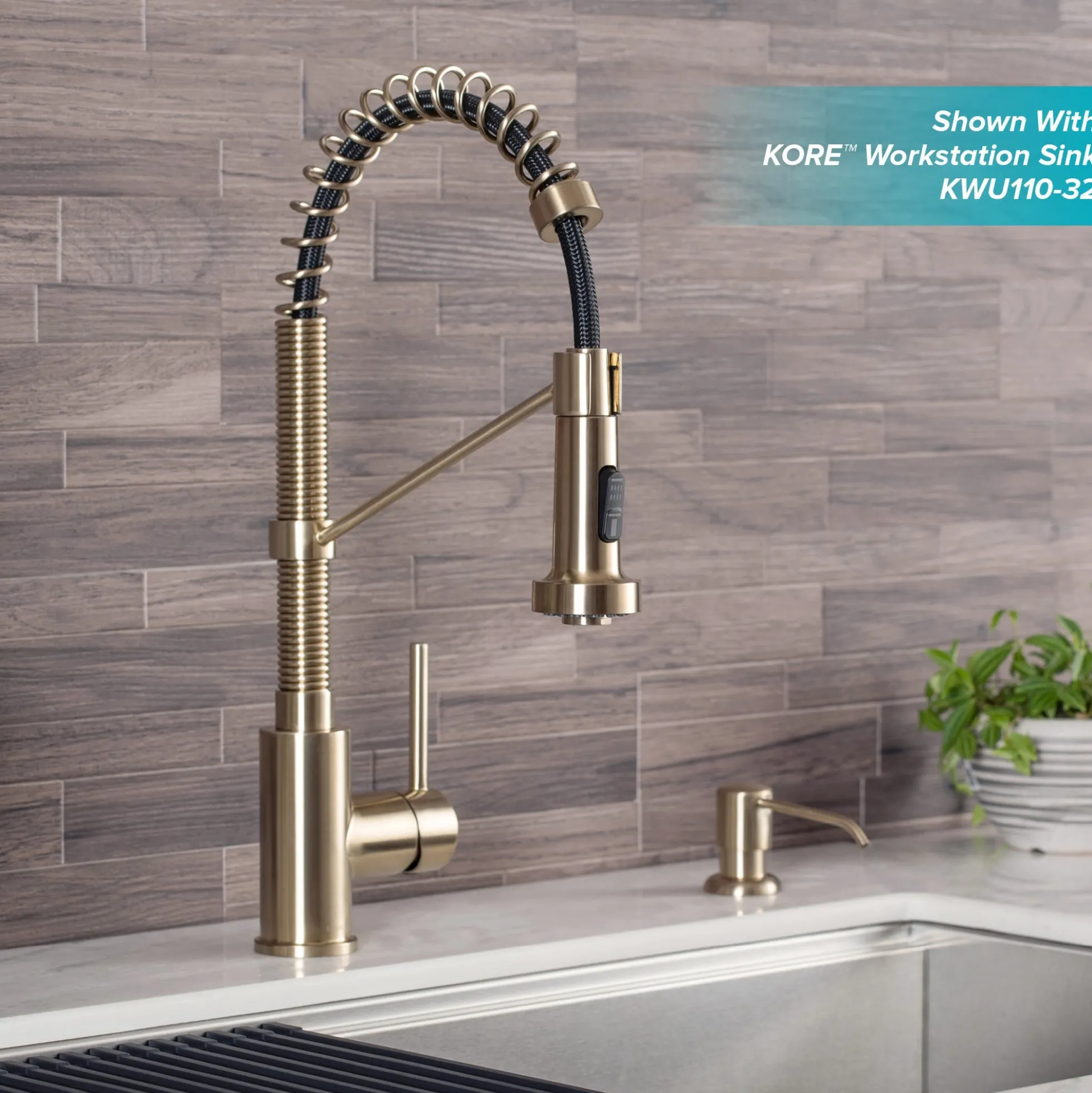 Commercial Style Pull-Down Single Handle 18" Kitchen Faucet in Spot Free Antique Champagne Bronze with Air Gap