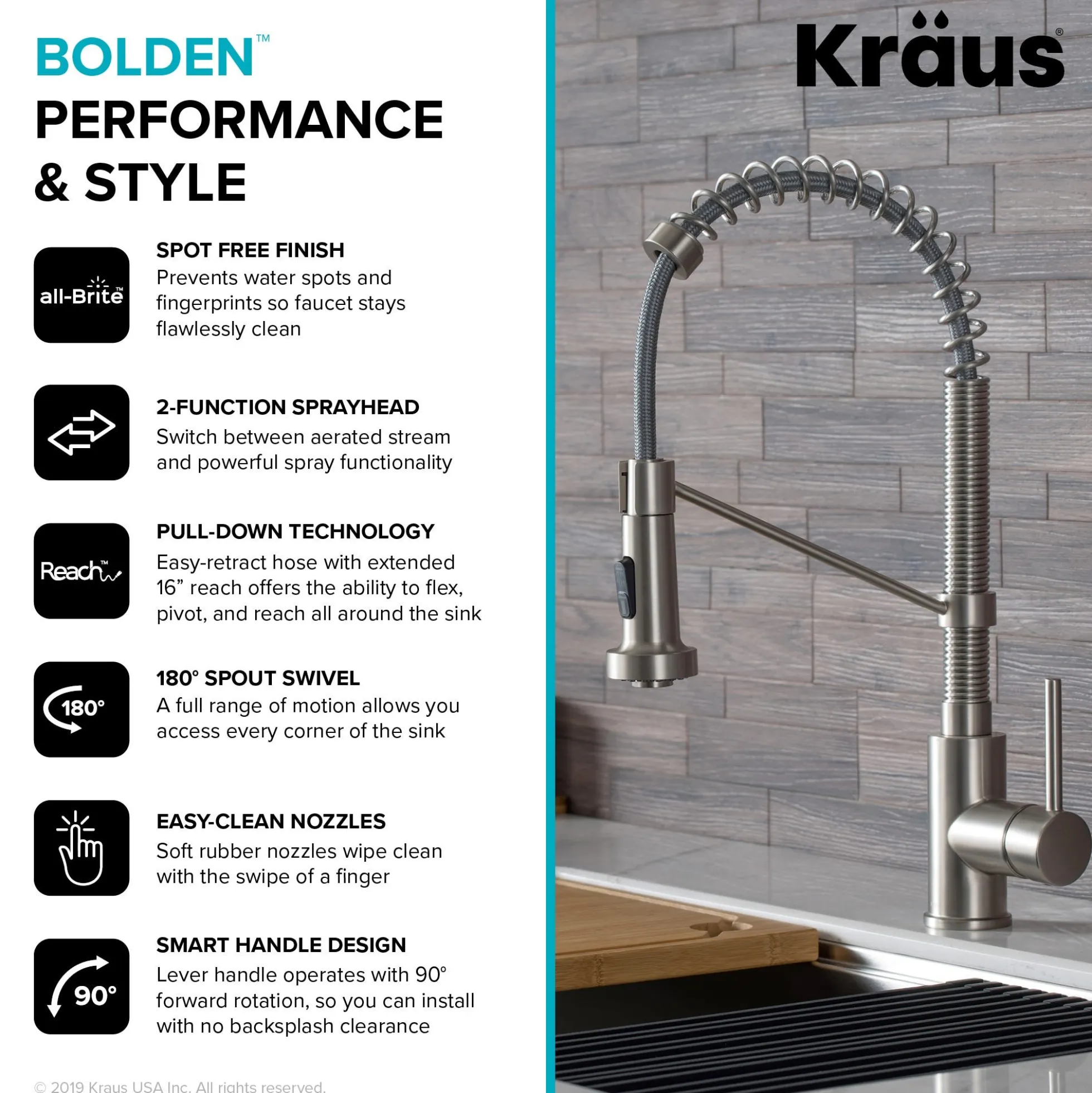 Commercial Style Pull-Down Single Handle 18" Kitchen Faucet in Spot Free Stainless Steel with Air Gap