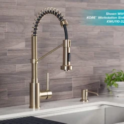 Commercial Style Pull-Down Single Handle 18" Kitchen Faucet in Spot Free Antique Champagne Bronze with Soap Dispenser