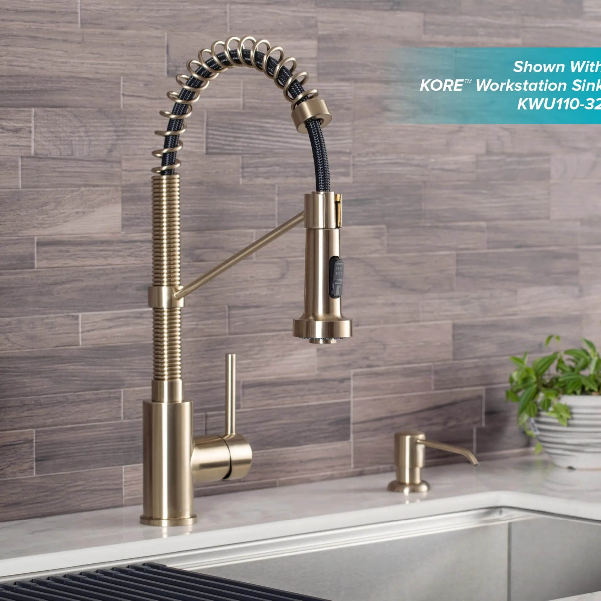Commercial Style Pull-Down Single Handle 18" Kitchen Faucet in Spot Free Antique Champagne Bronze with Soap Dispenser