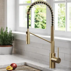 Commercial Style Single Handle Pull Down Kitchen Faucet with QuickDock Top Mount Installation Assembly in Spot Free Antique Champagne Bronze