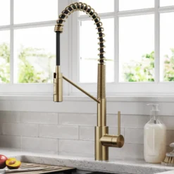 Commercial Style Single Handle Pull Down Kitchen Faucet with QuickDock Top Mount Installation Assembly in Spot Free Antique Champagne Bronze