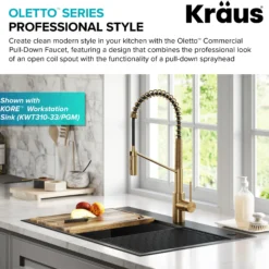 Commercial Style Single Handle Pull Down Kitchen Faucet with QuickDock Top Mount Installation Assembly in Brushed Brass