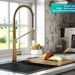 Commercial Style Single Handle Pull Down Kitchen Faucet with QuickDock Top Mount Installation Assembly in Brushed Brass