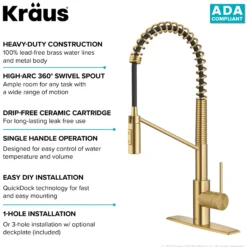 Commercial Style Single Handle Pull Down Kitchen Faucet with QuickDock Top Mount Installation Assembly in Brushed Brass