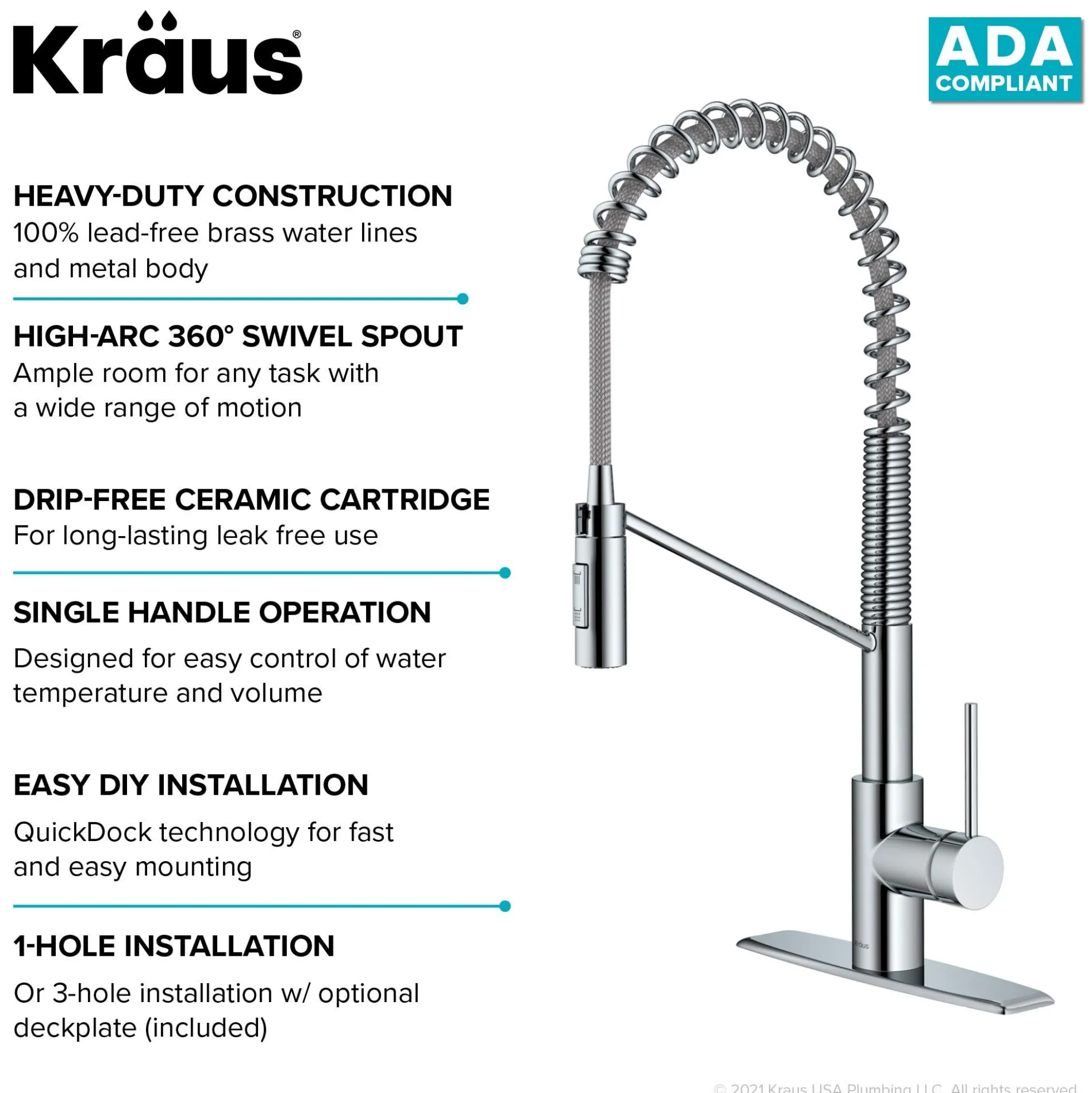 Commercial Style Single Handle Pull Down Kitchen Faucet with QuickDock Top Mount Installation Assembly in Chrome