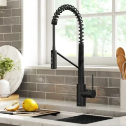 Commercial Style Single Handle Pull Down Kitchen Faucet with QuickDock Top Mount Installation Assembly in Matte Black