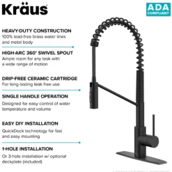Commercial Style Single Handle Pull Down Kitchen Faucet with QuickDock Top Mount Installation Assembly in Matte Black