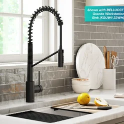 Commercial Style Single Handle Pull Down Kitchen Faucet with QuickDock Top Mount Installation Assembly in Matte Black