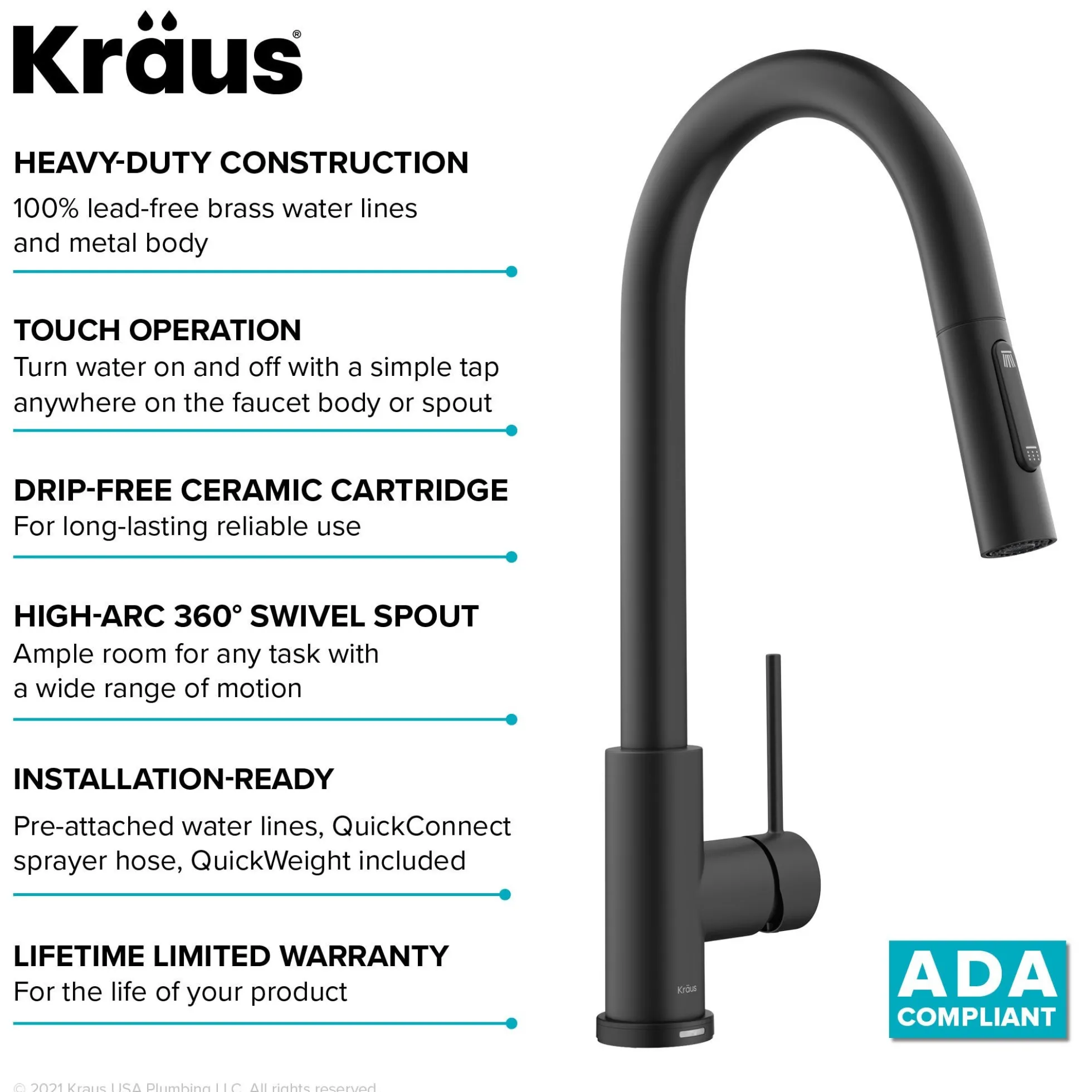 ContemporarySingle-HandleTouch KitchenSink Faucet with Pull Down Sprayer inMatte Black