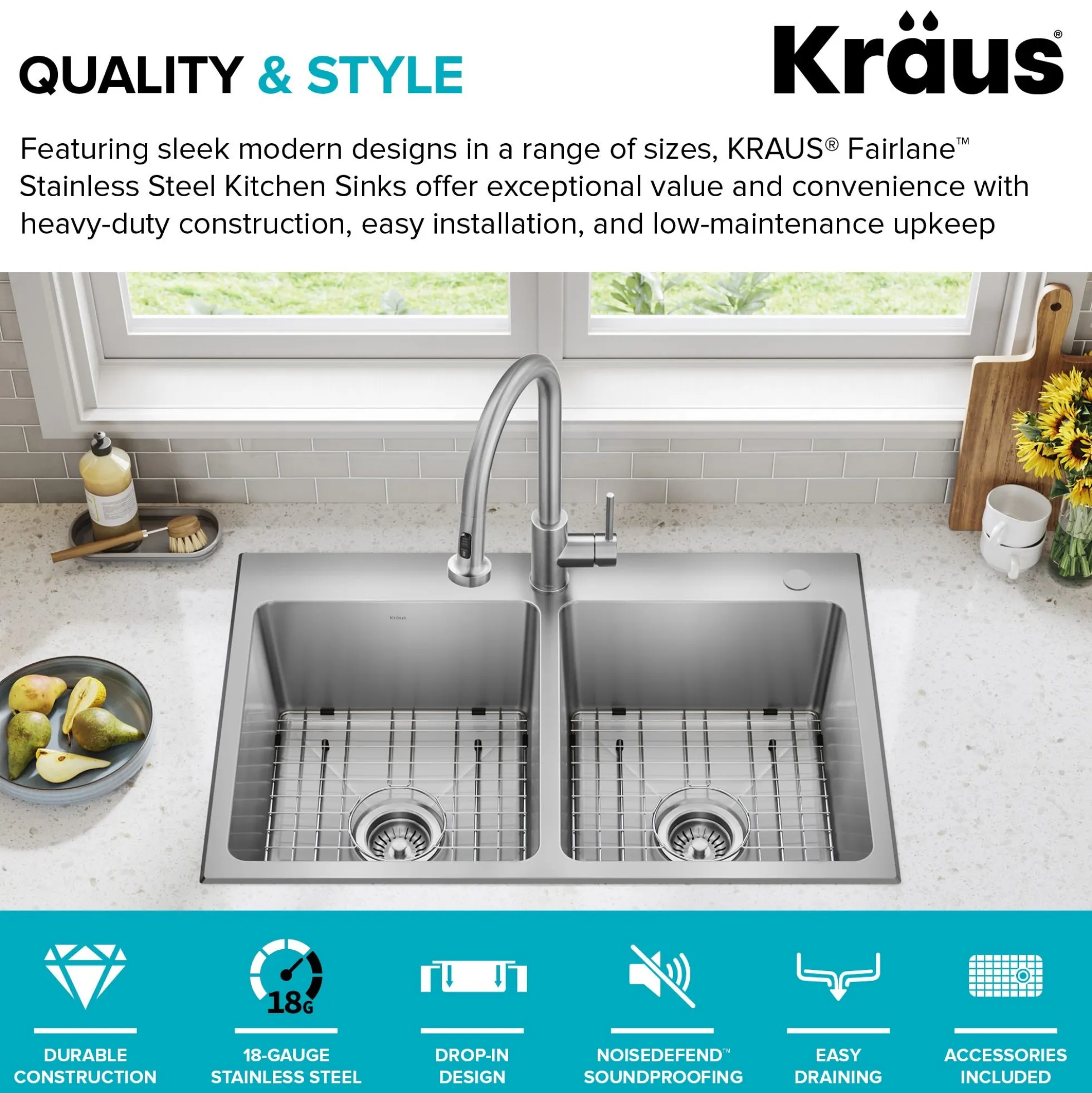 33” Drop In / Top Mount Double Bowl 18-Gauge Stainless Steel Kitchen Sink