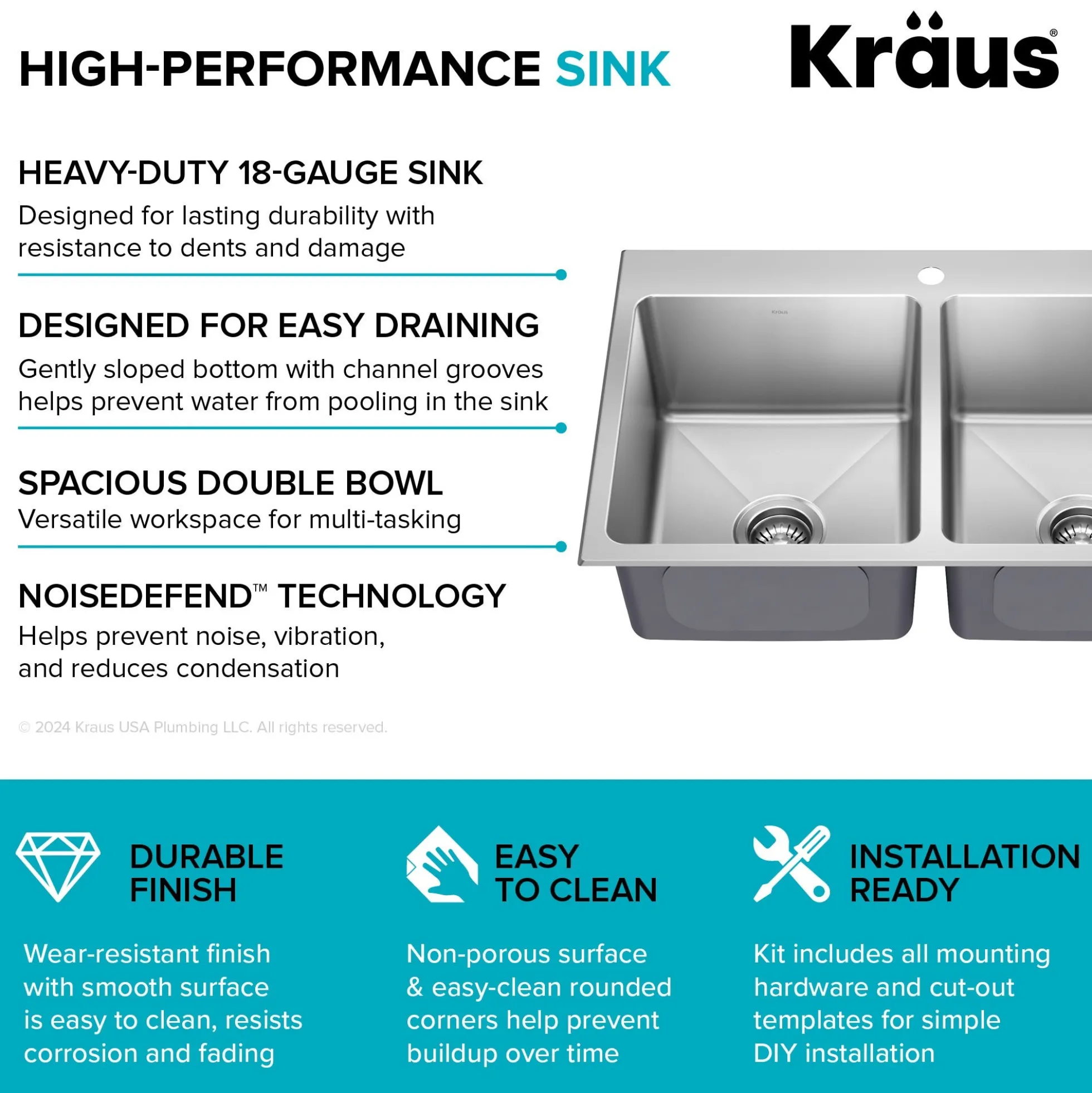 33” Drop In / Top Mount Double Bowl 18-Gauge Stainless Steel Kitchen Sink
