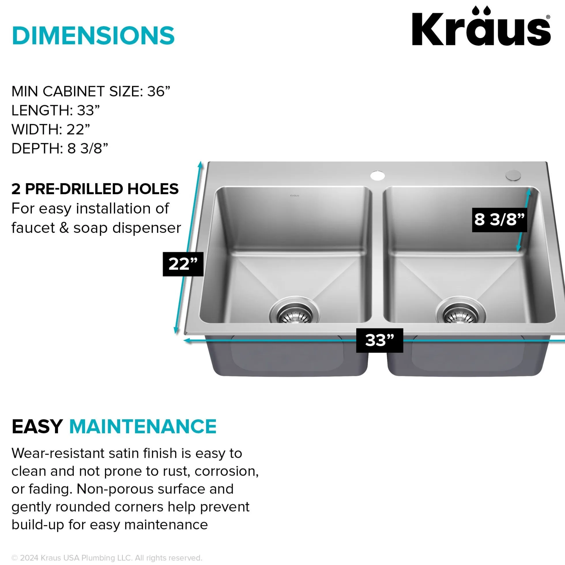 33” Drop In / Top Mount Double Bowl 18-Gauge Stainless Steel Kitchen Sink