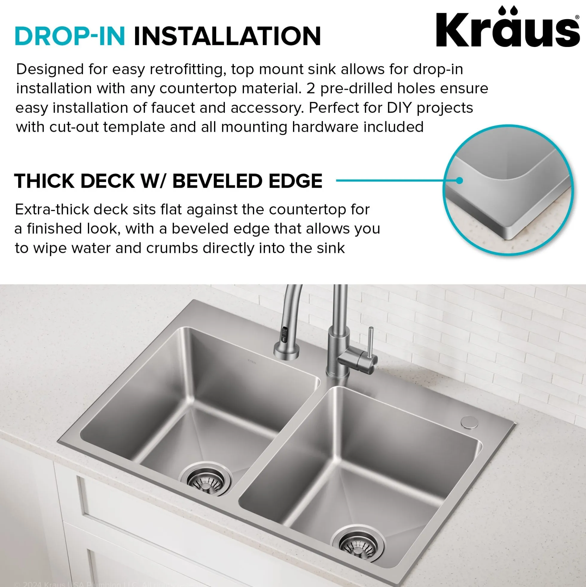 33” Drop In / Top Mount Double Bowl 18-Gauge Stainless Steel Kitchen Sink