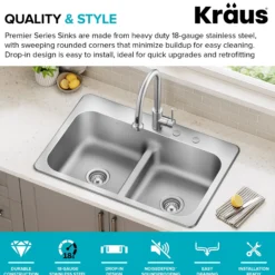 33” Drop In / Top Mount Double Bowl 18-Gauge Stainless Steel Kitchen Sink