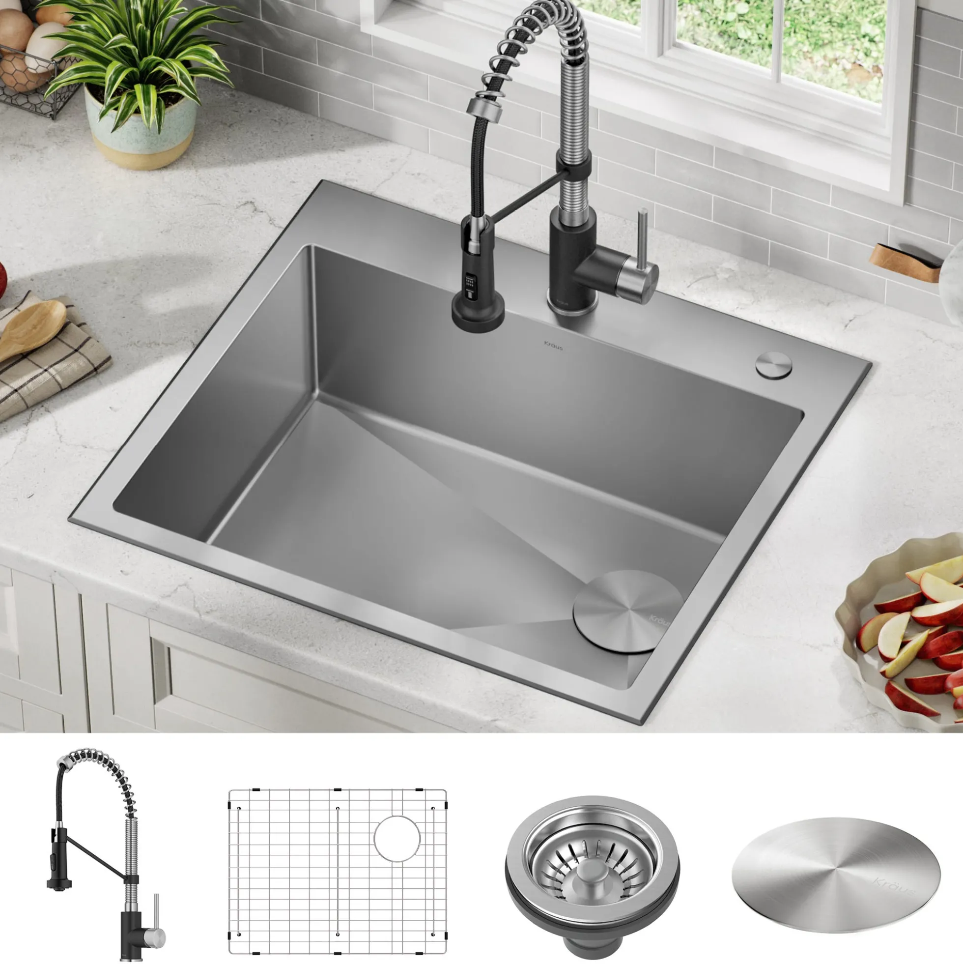 25" Drop-In/Top Mount Kitchen Sink w/ Bolden Commercial Pull-Down Faucet in Spot Free Stainless Steel/Matte Black