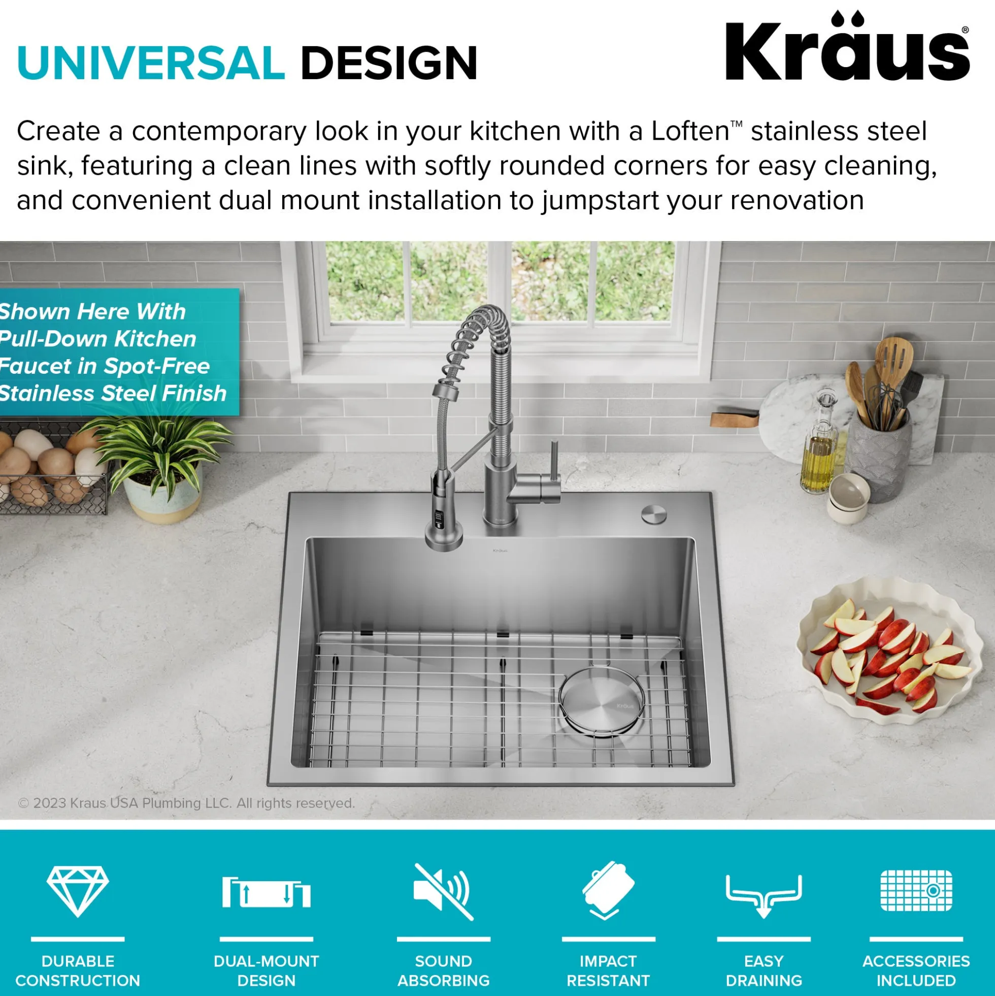 25" Drop-In/Top Mount Kitchen Sink w/ Bolden Commercial Pull-Down Faucet in Spot Free Stainless Steel/Matte Black