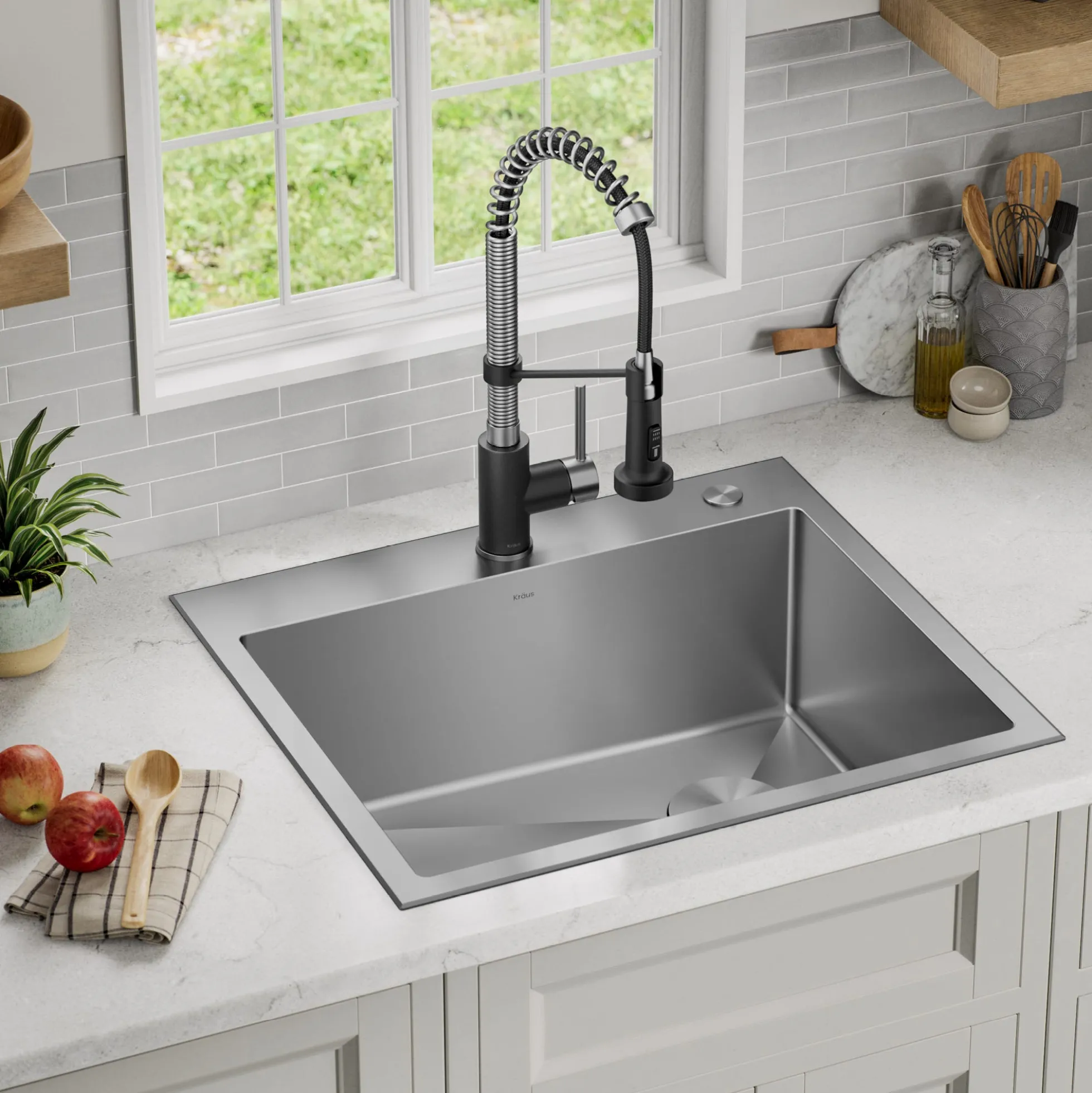25" Drop-In/Top Mount Kitchen Sink w/ Bolden Commercial Pull-Down Faucet in Spot Free Stainless Steel/Matte Black