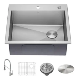 25" Drop-In/Top Mount Kitchen Sink w/ Bolden Commercial Pull-Down Faucet in Spot Free Stainless Steel/Chrome