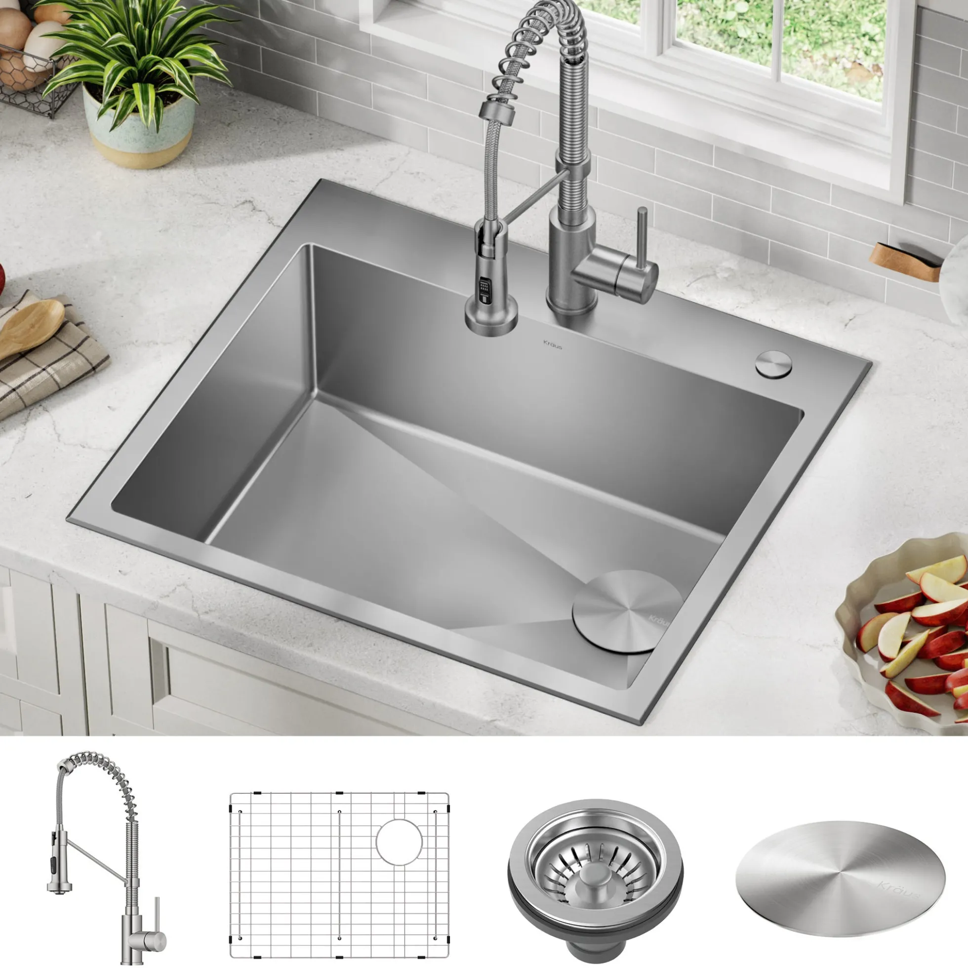 25" Drop-In/Top Mount Kitchen Sink w/ Bolden Commercial Pull-Down Faucet in Spot Free Stainless Steel