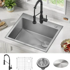 25" Drop-In/Top Mount Kitchen Sink w/ Bolden Commercial Pull-Down Faucet in Matte Black