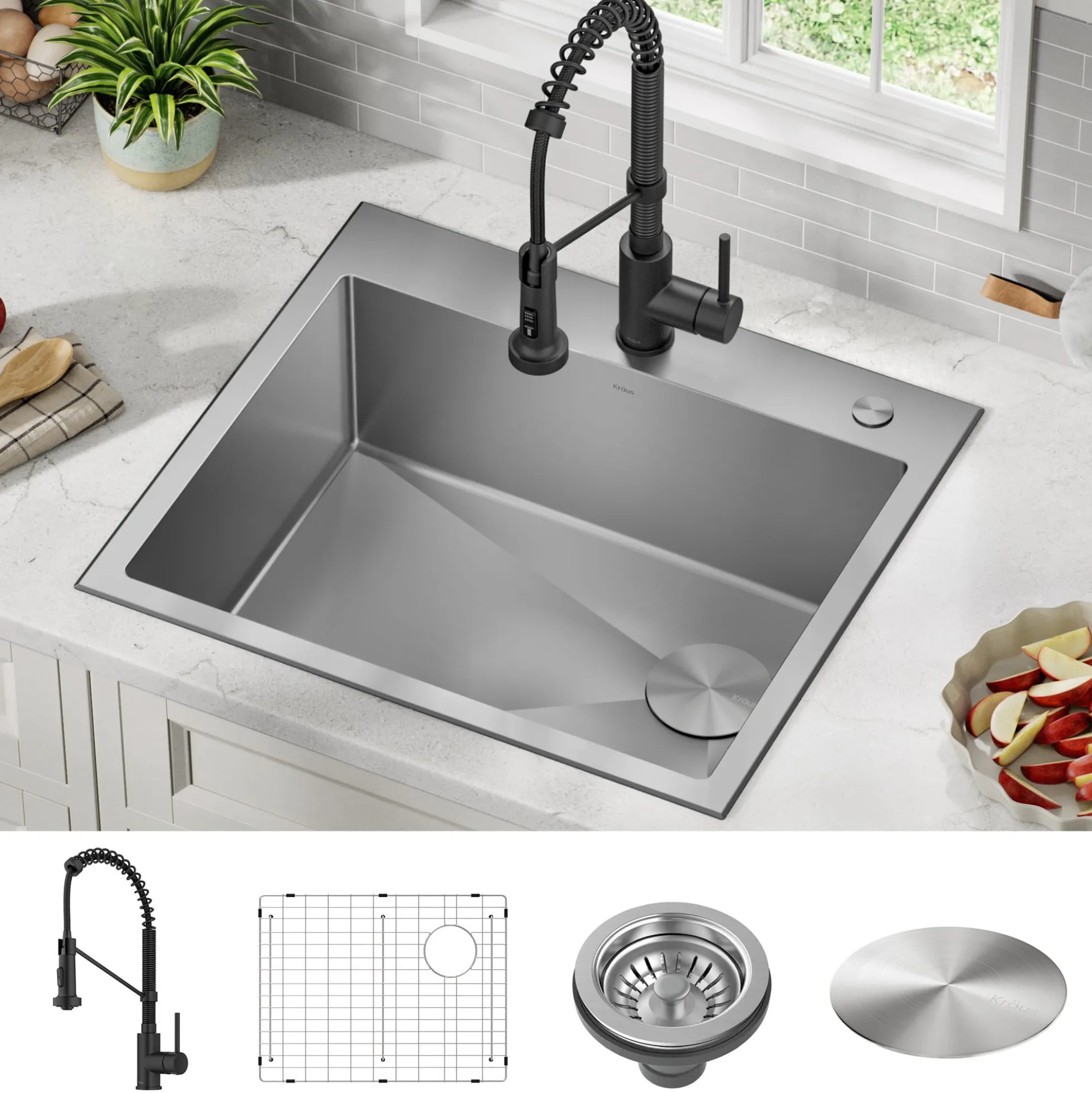 25" Drop-In/Top Mount Kitchen Sink w/ Bolden Commercial Pull-Down Faucet in Matte Black