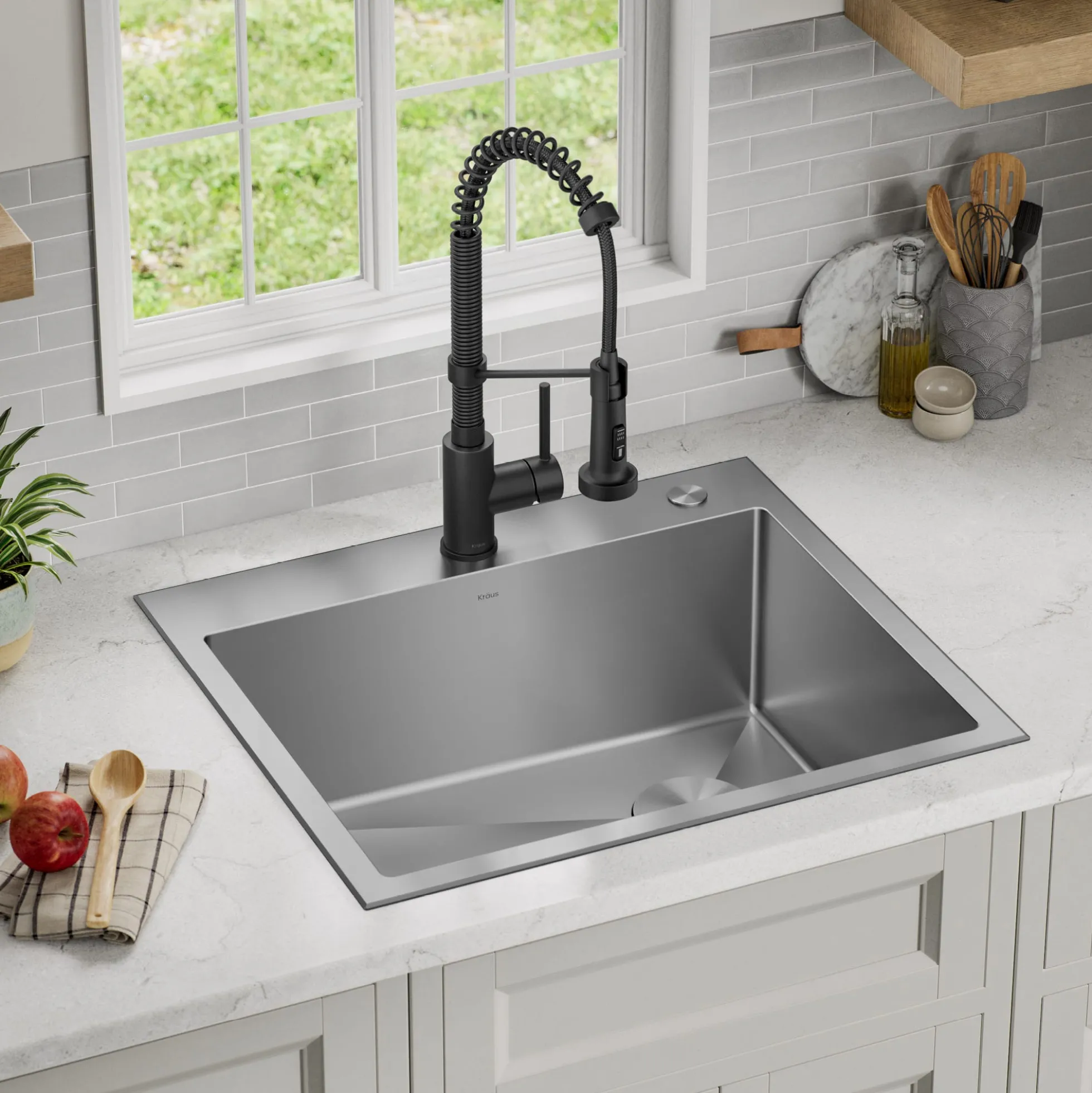 25" Drop-In/Top Mount Kitchen Sink w/ Bolden Commercial Pull-Down Faucet in Matte Black