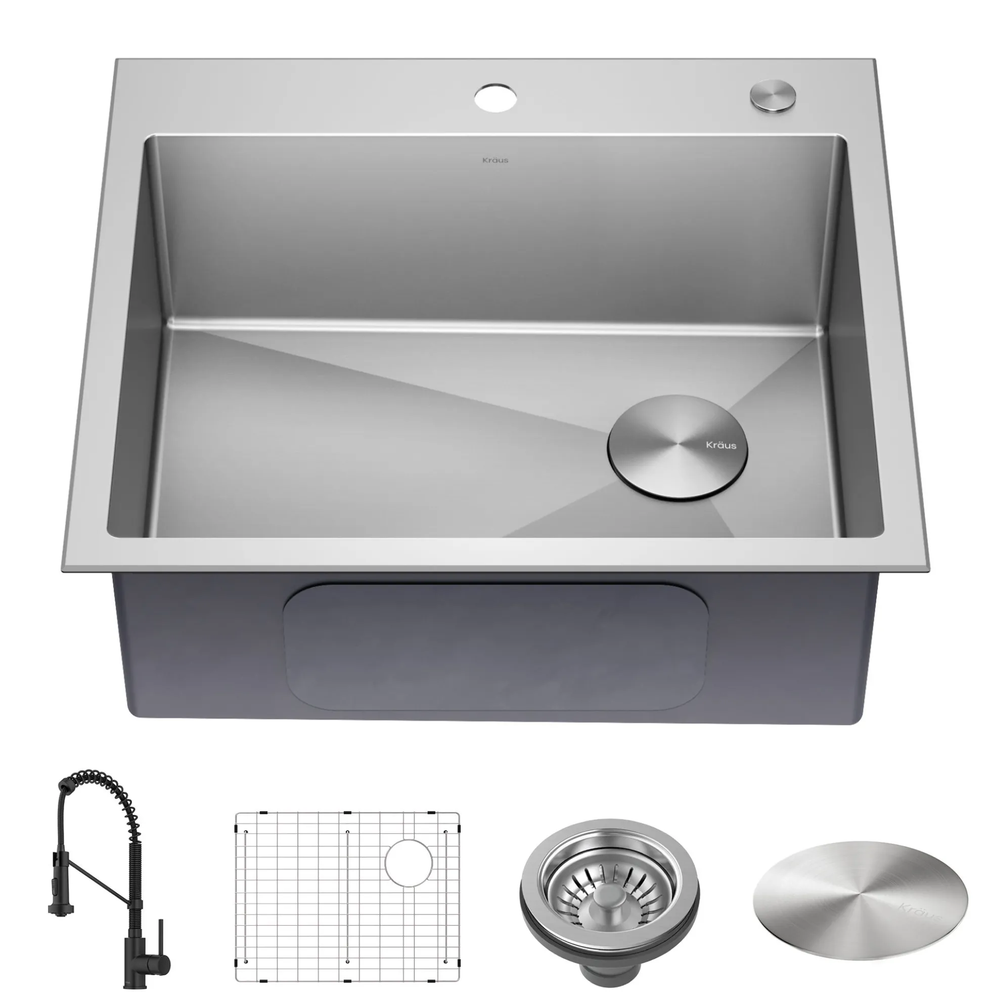 25" Drop-In/Top Mount Kitchen Sink w/ Bolden Commercial Pull-Down Faucet in Matte Black