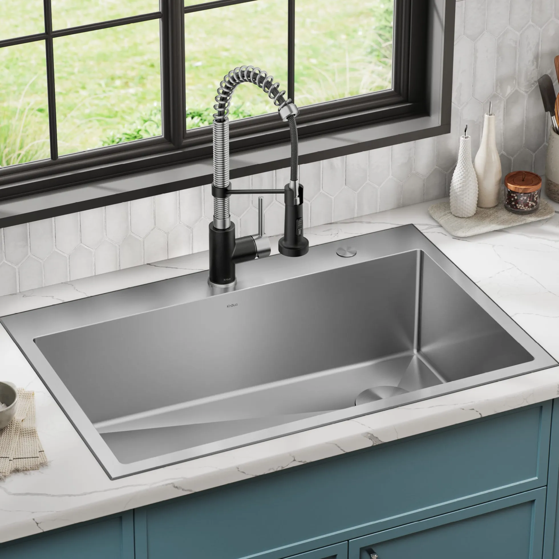 33" Drop-In/Top Mount Kitchen Sink w/ Bolden Commercial Pull-Down Faucet in Spot Free Stainless Steel/Matte Black