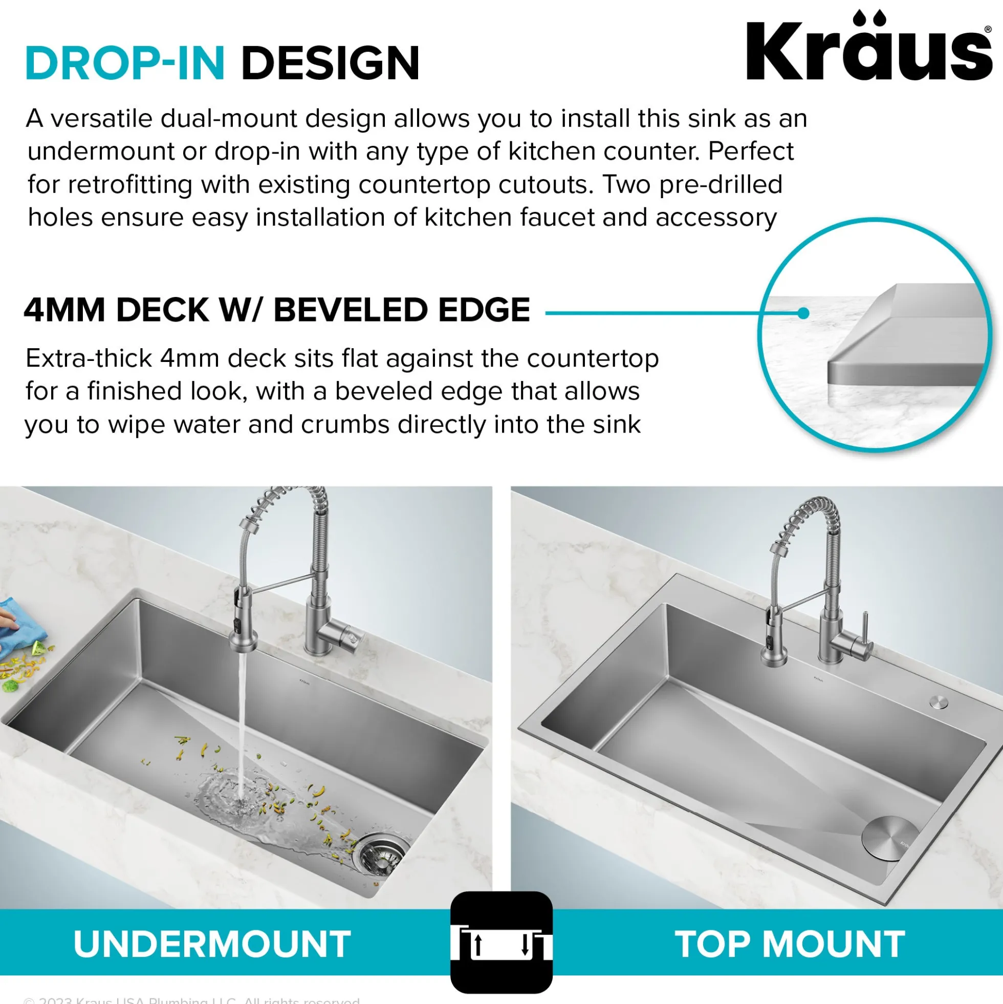 33" Drop-In/Top Mount Kitchen Sink w/ Bolden Commercial Pull-Down Faucet in Spot Free Stainless Steel/Matte Black